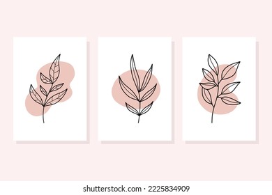 Juego de líneas de mano dibujar con forma abstracta la línea floral.Mínimo arte botánico.Composición artística abstracta de línea con hojas.Postales o cubiertas, impresiones, afiches.