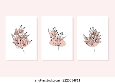 Set of hand draw floral line art  with abstract shape.Minimal botanical wall art.Abstract line art composition with leaves.Postcards or Covers, Prints, Posters.