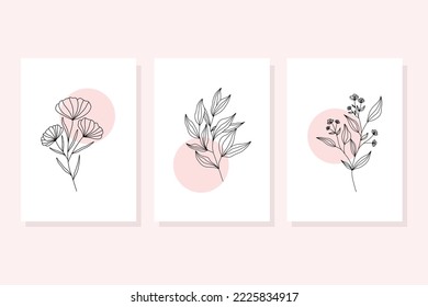 Set of hand draw floral line art  with abstract shape.Minimal botanical wall art.Abstract line art composition with leaves.Postcards or Covers, Prints, Posters.