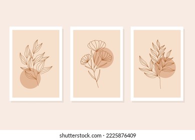 Set of hand draw floral line art  with abstract shape.Minimal botanical wall art.Abstract line art composition with leaves.Postcards or Covers, Prints, Posters.