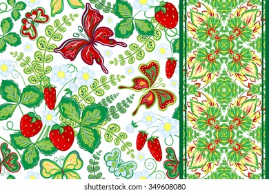 Set of hand draw floral pattern with strawberry and butterfly and  border (ribbon band tape strip ).