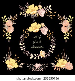 set to  hand draw flowers, floral elements 3. bouquets, frame composition and wreath on a black background . vector