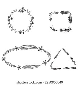 Set of hand draw frame with flowers and leaves in doodle style. Vector illustration.