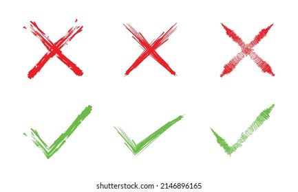 set of hand draw green checkmark and Red cross isolated on white background. yes and no icon. Vector illustration.