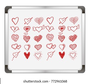 Set of hand draw hearts on flip chart background. Heart Doodles. vector illustration.