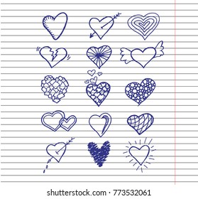 Set of hand draw hearts on copybook background. Heart Doodles. vector illustration.