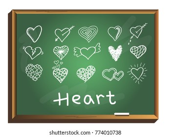 Set of hand draw hearts on chalkboard. Heart Doodles. vector illustration.