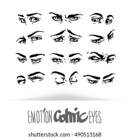 Set hand draw human eyes in comic style. Graphic illustration/ Vector isolated. Various emotions. Eye medication; optometrist, ophthalmologist, glasses, contact lenses, vision research concept.