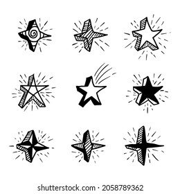 set of hand draw icon illustration shiny stars, sparkle stars, glitter stars