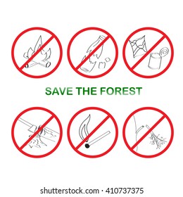 Set of hand draw icons on the theme of Save the forest. Vector illustration.