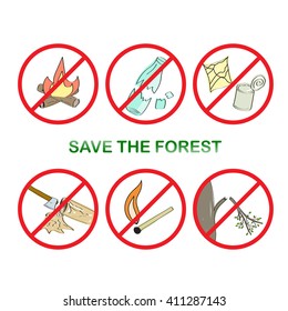 Set of hand draw icons on the theme of Save the forest. Color vector illustration.