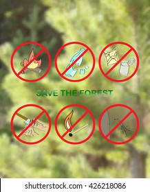 Set of hand draw icons on the theme of Save the forest. Blurred background forest. Color vector illustration.