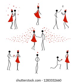 Set of hand draw images of a simple red and black man and girl on a background of notebook sheet. 