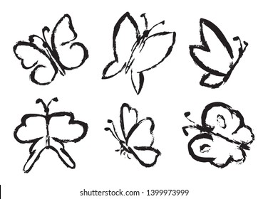 Set of Hand draw isolated butterfly. Paint black butterflies. Grunge abstract vector Illustration 