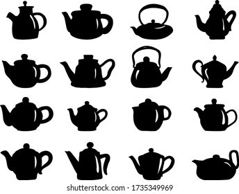 Set of hand draw isolated teapot. Black color. Icon silhouette kettles, coffee pot. As abstract design logo for shop, market, online store, label. Vector illustration. Tableware