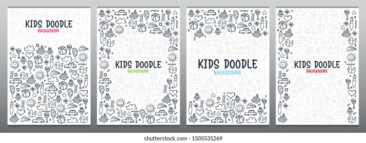 Set of Hand draw Kids doodle backgrounds. Objects from a child's life