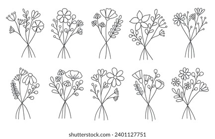 set of hand draw line wild flower bouquet, botanical  elements design,  line flowers vector set, trendy minimalist wildflowers