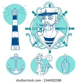 Set of hand draw marine-themed stickers. T-shirt printing design with sailor and marine attributes.