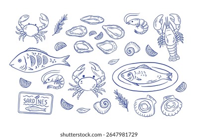 Conjunto de mão desenhado Mediterrâneo marisco vetor ilustração. Ostras, lagosta, caranguejo, peixe, vieira, sardinha, clipart de camarão para menu, para restaurantes, mercados, loja. La dolce vita
