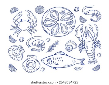 Conjunto de mão desenhado Mediterrâneo marisco vetor ilustração. Ostras, lagosta, lagosta, peixe, vieira, camarão doodle esboço ícone set. La dolce vita