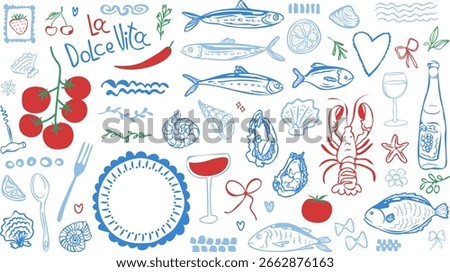 Set of hand draw Mediterranean seafood vector illustration. Oysters, lobster, fish, scallop, sardine, clipart for menu, for restaurants, markets, shop. La dolce vita