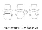 Set of Hand draw outline leprechauns. Line art leprechaun with cauldron and coins, shamrock, horseshoe. St. Patrick