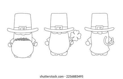 Set of Hand draw outline leprechauns. Line art leprechaun with cauldron and coins, shamrock, horseshoe. St. Patrick's element, symbol. Vector illustration.