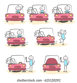 set hand draw people by the broken car and history of repair.Doodle miniature scenes. Hand drawn vector illustration for web design and infographic.