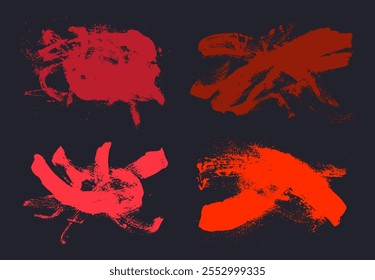 Set of hand draw a red brush on a black background. Art vector collection of brush strokes. Red artistic design elements. Dry brush on canvas.