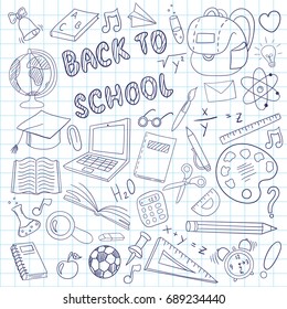 Set of hand draw school items on a sheet of exercise book. Vector illustration.