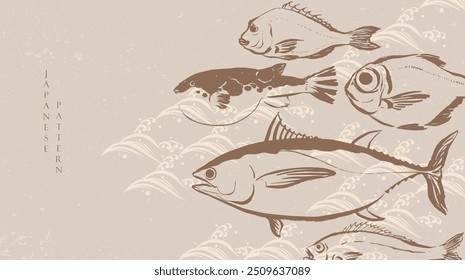 Set of hand draw sea food products. Marine fish. Bluefin tuna, Puffer, red seabeam round, grunt, golden snapper fish illustration in vintage style. Cooking delicatessen ingredients. Seafood of Japan