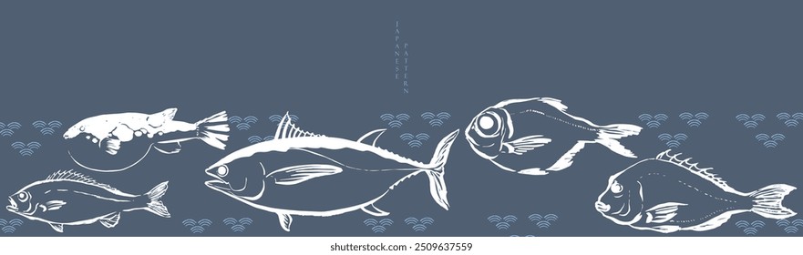 Set of hand draw sea food products. Marine fish. Bluefin tuna, Puffer, red seabeam round, grunt, golden snapper fish illustration in vintage style. Cooking delicatessen ingredients. Seafood of Japan