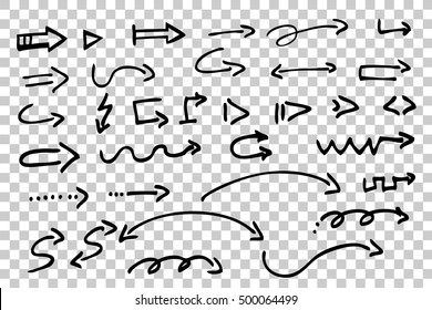Set of hand draw sketch of various Arrows at transparent effect background
