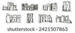 Set hand draw sketches ancient ruins stone castle or building in monochrome engraving style. Vector illustration.