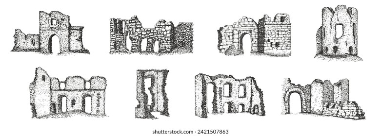 Set hand draw sketches ancient ruins stone castle or building in monochrome engraving style. Vector illustration.
