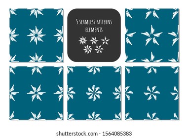 Set of hand draw snowflake seamless patterns with different shapes on blue background for gift paper, decor,  fabric, typography. Artistic collection of doodle elements and ink textures.