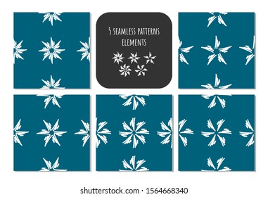 Set of hand draw snowflake seamless patterns with different shapes on blue background for gift paper, decor,  fabric, typography. Artistic collection of doodle elements and ink textures.