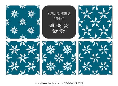 Set of hand draw snowflake seamless patterns with different shapes on blue background for gift paper, decor,  fabric, typography. Artistic collection of doodle elements and ink textures.