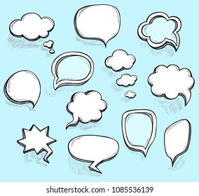 Set Hand draw speech bubbles clouds with  sketch effect in cartoon  retro or  pop art comics style made by trace