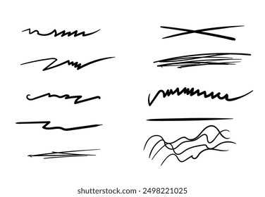 Conjunto de líneas de trazos dibujadas a mano. líneas de marcador curva grunge, con marcas de mano libres texturizadas. conjunto de líneas de marcador dibujadas a mano. líneas de pincel