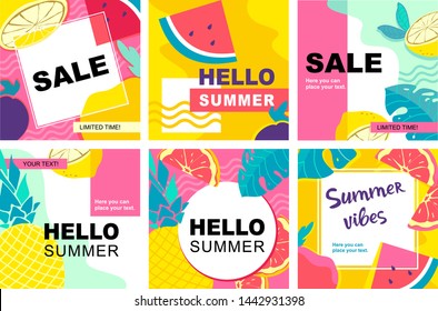 Set of hand draw summer party posters with fruits and tropical leaves vector illustration