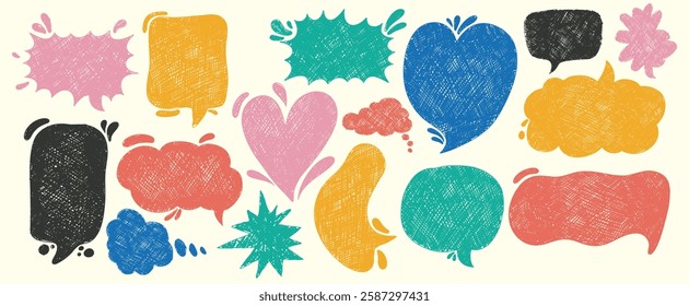 Set of hand draw text boxes and speech colored bubbles with crayon or chalk texture. Hand drawn callout clouds. Speech bubbles various shapes set. Vector retro illustration on a white background.