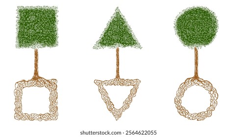 Set of hand draw tree with triangle, circle and square crown and roots in color ink sketch style. Creative vector botanical illustration.