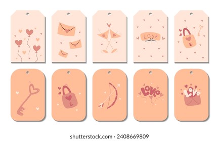 Set of hand draw valentine labels,badge isolated on white.Heart balloon, letter,envelope, martini glasses, key and lock, bow and arrow, love.Tag in doodle style. Peach fuzz,beige, pink and red colors.