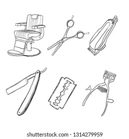 set hand draw vector on white background ,barber chair,scissors,Hair clipper,razor blade 