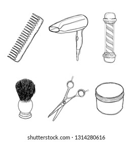 set hand draw vector on white background,comb,scissors,hair dryer,barber pole