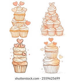 Set hand draw watercolor cupcack for Valentine's day element.