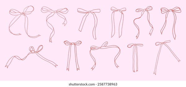 Set of hand draw whimsical line art redbows collection. 