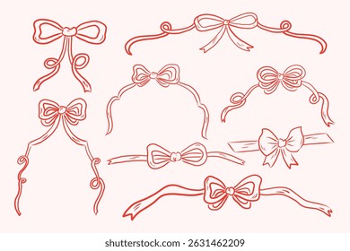 Set of hand draw whimsical line art red bows and riboons collection. 