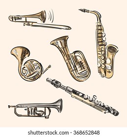 Set of hand draw wind musical instruments in sketch style like watercolor. Vector illustration